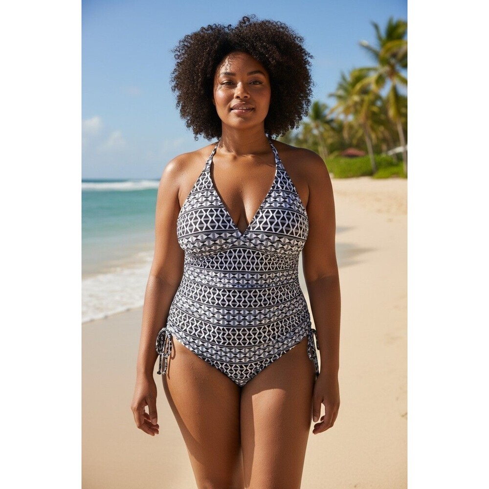 Time And Tru Side Drawstring One Piece Swimsuit Geometric XL 16/18 Monochrome